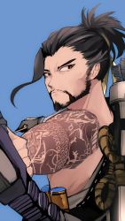 Rule 34 | 16nfeiyu, 1boy, absurdres, arrow (projectile), beard, black hair, blue background, bow (weapon), brown eyes, chinese commentary, commentary, facial hair, gloves, hanzo (overwatch), high ponytail, highres, holding, holding weapon, long hair, looking at viewer, male focus, overwatch, overwatch 1, ponytail, quiver, rope, shooting gloves, shoulder tattoo, simple background, solo, tattoo, upper body, weapon