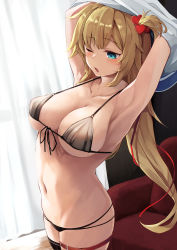 Rule 34 | 1girl, ;o, absurdres, akai haato, armpits, arms up, bare shoulders, bikini, black bikini, blonde hair, blue eyes, breasts, chair, cleavage, collarbone, front-tie bikini top, front-tie top, hair ornament, heart, heart hair ornament, highres, hololive, indoors, large breasts, long hair, mikoto (stbk), navel, one eye closed, shirt, solo, standing, stomach, swimsuit, thigh strap, underwear, undressing, virtual youtuber, white shirt