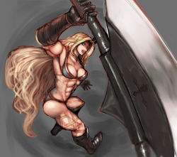 Rule 34 | 1girl, abs, amazon (dragon&#039;s crown), armor, armpits, arugeri, ass, bikini armor, blonde hair, blurry, boots, breasts, cleavage, depth of field, dragon&#039;s crown, foreshortening, gloves, halberd, highres, long hair, md5 mismatch, muscular, muscular female, open mouth, polearm, sketch, solo, tattoo, very long hair, weapon