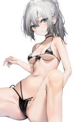 Rule 34 | 1girl, bare arms, bare legs, bare shoulders, bikini, black bikini, blue eyes, blush, breasts, choker, closed mouth, collar, crotch, fingernails, grey hair, hair between eyes, highres, knee up, looking at viewer, medium hair, navel, original, poharo, ponytail, simple background, sitting, small breasts, solo, spread legs, stomach, swimsuit, white background