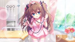 Rule 34 | 1girl, ahoge, bed, black bow, blue eyes, bow, breasts, brown hair, cleavage, curtains, daisy, day, doily, dot nose, eye chart, film grain, flower, game cg, hair bow, hair intakes, hair ribbon, hat, holding, holding stethoscope, indoors, izumi tsubasu, leaning forward, lens flare, long hair, looking at viewer, medium breasts, non-web source, nurse, nurse cap, official art, open mouth, pink ribbon, re:stage!, red flower, red rose, ribbon, rose, shikimiya aone, smile, solo, sparkle, stethoscope, straight-on, sunlight, thighhighs, two side up, vase, white flower, white thighhighs, white wristband, window, zettai ryouiki