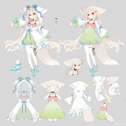 Rule 34 | 1girl, absurdres, ahoge, animal ear fluff, animal ears, artist name, asymmetrical legwear, bacheally, back, bare shoulders, black ribbon, bloomers, blue ribbon, border, bow, bowtie, braid, camisole, character sheet, child, closed mouth, color guide, criss-cross halter, cropped head, detached sleeves, ears down, facing ahead, flats, flower, footwear bow, fox ears, fox girl, fox tail, frilled skirt, frilled sleeves, frills, full body, green bloomers, green footwear, green sleeves, grey background, grey hair, hair bow, hair flower, hair ornament, halterneck, hand up, highres, hood, hood down, hooded jacket, jacket, large ears, large tail, layered sleeves, long hair, long sleeves, looking at viewer, low twintails, mismatched legwear, multiple views, open hand, original, outstretched arm, pantyhose, profile, red eyes, ribbon, sakurada shiro (hy plus), shoes, signature, single leg pantyhose, skirt, sleeves past wrists, smile, spaghetti strap, standing, strappy heels, tail, thigh strap, thighhighs, tiptoes, twin braids, twintails, twitter username, underwear, very long hair, white border, white flower, white jacket, white pantyhose, white sleeves, white thighhighs, wide sleeves
