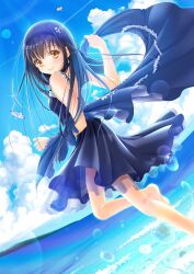 Rule 34 | 1girl, barefoot, bird, black hair, black hairband, black shirt, black skirt, blue capelet, blue sky, blush, bone hair ornament, c:, capelet, closed mouth, cloud, commentary, day, dutch angle, eyelashes, feet out of frame, floating clothes, floating hair, frilled capelet, frilled shirt, frills, hair between eyes, hair ornament, hairband, hamada mari, highres, holding, holding clothes, kushima kamome, long hair, looking at viewer, looking back, non-web source, ocean, outdoors, seagull, shirt, skirt, skull and crossbones, skull hair ornament, sky, sleeveless, sleeveless shirt, smile, solo, sparkle, standing, standing on one leg, straight hair, summer pockets, sunlight, water drop, yellow eyes