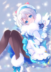 Rule 34 | .live, 1girl, blue bow, blue eyes, boots, bow, brown pantyhose, closed mouth, commentary request, fur-trimmed boots, fur-trimmed sleeves, fur collar, fur trim, grey hair, hair between eyes, hands up, hat, head tilt, hinayuki usa, jacket, knees together feet apart, layered sleeves, long sleeves, looking at viewer, pantyhose, plaid, plaid bow, pleated skirt, puffy short sleeves, puffy sleeves, short over long sleeves, short sleeves, dennou shoujo siro, skirt, smile, solo, star (symbol), virtual youtuber, white footwear, white hat, white jacket, white skirt