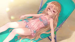 Rule 34 | 1girl, :o, bare arms, bare legs, bare shoulders, beach, bikini, bikini bottom only, blonde hair, covered navel, female focus, flat chest, frills, from above, glasses, groin, kogado, legs, long hair, looking at viewer, lying, mugendou saki, outdoors, outstretched arms, parasol, parted lips, red-framed eyewear, red eyes, ribbon, sand, solo, spread arms, striped bikini, striped clothes, swimsuit, thighs, umbrella, yumeututu reuff1a master