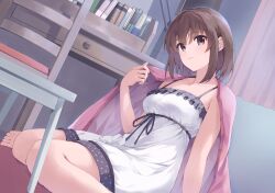Rule 34 | 1girl, absurdres, alternate costume, arm at side, bare arms, barefoot, black ribbon, blush, book, breasts, brown eyes, brown hair, chair, closed mouth, collarbone, commentary, dress, dutch angle, eyelashes, eyes visible through hair, frilled dress, frills, from side, hair between eyes, hand up, highres, indoors, katou megumi, looking at viewer, medium breasts, medium hair, open clothes, open shirt, pink shirt, ribbon, saenai heroine no sodatekata, shirt, sitting, smile, solo, straight hair, sundress, wariza, white dress, yanagi marie