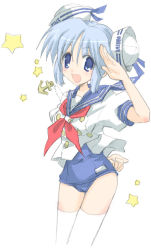 Rule 34 | 1girl, blue eyes, blue hair, dixie cup hat, hat, hizuki yayoi, matching hair/eyes, military hat, no pants, one-piece swimsuit, original, sailor, sailor hat, salute, school swimsuit, school uniform, serafuku, solo, swimsuit, swimsuit under clothes, thighhighs