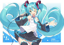 Rule 34 | 1girl, ;d, anniversary, arms at sides, bare shoulders, black skirt, blue background, blue eyes, blue hair, blue nails, blue necktie, breasts, cowboy shot, detached sleeves, fingernails, gradient background, hatsune miku, holding, holding microphone, kurogoma (haruhi3), long hair, medium breasts, microphone, nail polish, necktie, one eye closed, open mouth, shirt, shoulder tattoo, simple background, skirt, sleeveless, sleeveless shirt, smile, solo, star (symbol), starry background, tattoo, teeth, text focus, thighhighs, thighs, twintails, upper body, upper teeth only, very long hair, vocaloid, white background, white shirt