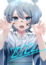 Rule 34 | 1girl, 2022, animal ears, animal print, blue eyes, claw pose, commentary, facepaint, frown, grey hair, grey kimono, happy new year, highres, japanese clothes, kimono, looking at viewer, new year, open mouth, print kimono, seiun sky (umamusume), short hair, simple background, solo, tiger print, toa510, translated, umamusume, upper body, white background, wide sleeves