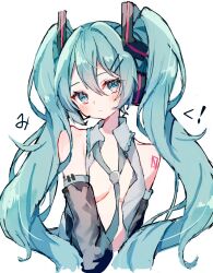 Rule 34 | 1girl, aqua eyes, aqua hair, aqua necktie, bare shoulders, black sleeves, blush, breasts, cropped torso, detached sleeves, expressionless, grey shirt, hair ornament, hairclip, hashtag-only commentary, hatsune miku, head tilt, headphones, highres, long hair, looking at viewer, moyuko (rin miku39), necktie, no bra, open clothes, open shirt, shirt, shoulder tattoo, simple background, sleeveless, sleeveless shirt, small breasts, solo, tattoo, translated, twintails, upper body, very long hair, vocaloid, white background