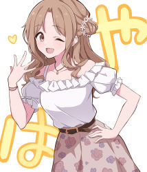 Rule 34 | 1girl, absurdres, blouse, brown eyes, brown hair, brown skirt, collarbone, commentary request, cowboy shot, floral print, flower, hair bun, hair flower, hair ornament, hand on own hip, hand up, heart, highres, ichikawa hinana, idolmaster, idolmaster shiny colors, jewelry, long hair, looking at viewer, necklace, off-shoulder shirt, off shoulder, ojou-sama pose, one eye closed, open mouth, print skirt, shirt, short sleeves, side bun, simple background, single side bun, skirt, smile, solo, spaghetti strap, translation request, uhouhogorigori, white background, white shirt