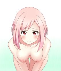 Rule 34 | 10s, 1girl, bent over, blush, breasts, completely nude, hanging breasts, iray, koharu yoshino, looking at viewer, medium breasts, nipples, nude, pink eyes, pink hair, sakura quest, short hair, solo, v arms