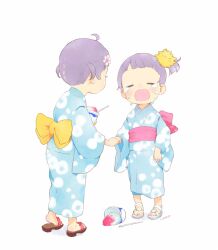 Rule 34 | 2girls, aged down, ahoge, blue kimono, bow, closed eyes, crying, dropped food, failure, flower, food, full body, hair flower, hair ornament, holding hands, japanese clothes, kimono, long sleeves, machico maki, manaka laala, manaka laala (young), manaka non, manaka non (normal), multiple girls, obi, open mouth, pink flower, pink sash, pretty series, pripara, purple hair, sad, sandals, sash, shaved ice, short hair, siblings, simple background, sisters, standing, two side up, white background, wide sleeves, yellow bow, yukata, zouri