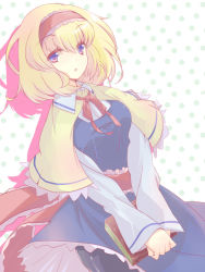 Rule 34 | 1girl, :o, alice margatroid, blonde hair, blue eyes, book, breasts, capelet, dress, female focus, grimoire, grimoire of alice, hairband, pantyhose, q (a72pgc), sash, small breasts, solo, touhou, v arms