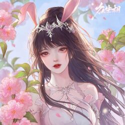 Rule 34 | 1girl, absurdres, animal ears, blue background, blue sky, brown hair, douluo dalu, dress, falling petals, flower, highres, long hair, looking at viewer, parted lips, petals, pink dress, pink eyes, pink flower, ponytail, rabbit ears, sky, solo, teeth, upper body, xiao wu (douluo dalu), yi zi zi