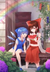 Rule 34 | 2girls, :d, arm support, ascot, bare shoulders, blue bow, blue dress, blue eyes, blue flower, blue footwear, blue hair, blush, bow, bowtie, breasts, brown hair, bucket, cirno, commentary request, crop top, detached sleeves, drawer, dress, flower, food, frilled bow, frilled shirt collar, frills, fruit, hair bow, hakurei reimu, highres, holding, holding food, holding fruit, hydrangea, ice, ice wings, imoutochiru, leaf, long hair, long sleeves, looking at another, midriff, midriff peek, multiple girls, navel, ofuda, open mouth, pinafore dress, plant, purple flower, rain, rainbow, red bow, red eyes, red flower, red neckwear, red skirt, shirt, shoes, short dress, short hair, short sleeves, sidelocks, sitting, skirt, skirt set, sleeveless, sleeveless dress, small breasts, smile, soaking feet, socks, touhou, watermelon, white legwear, white shirt, wide sleeves, wings, yellow neckwear