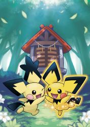 Rule 34 | :d, ;d, blush stickers, brown eyes, bush, creatures (company), dancing, day, flower, forest, game freak, gen 2 pokemon, glass, glowing, highres, ilex forest, jumping, light, nature, nintendo, no humans, official art, one eye closed, open mouth, outdoors, pichu, pikachu-colored pichu, pokemon, pokemon (creature), pokemon hgss, smile, sparkle, spiky-eared pichu, sugimori ken, tree