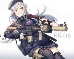 Rule 34 | 1girl, ammunition, android, assault rifle, bag, beret, black thighhighs, blood, blunt bangs, commentary request, earbuds, earphones, facial mark, girls&#039; frontline, gloves, goggles, goggles around neck, green eyes, grimace, gun, h&amp;k hk416, hair ornament, handgun, hat, heckler &amp; koch, highres, hk416 (girls&#039; frontline), holster, holstered, injury, itou (onsoku tassha), mechanical parts, pistol, plaid, plaid skirt, rifle, scope, shoulder bag, silver hair, skirt, solo, tearing up, tears, thighhighs, torn clothes, torn sleeves, torn thighhighs, weapon