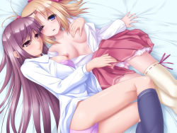 Rule 34 | 2girls, absurdres, bed sheet, black socks, blue eyes, bra, bra pull, breasts, character request, clothes pull, from above, hair ribbon, highres, kneehighs, kounose akara, light brown hair, long hair, lying, medium breasts, multiple girls, nipples, on back, on side, one eye closed, open clothes, open shirt, panties, pink panties, purple bra, purple eyes, purple hair, purple panties, red ribbon, red skirt, ribbon, ribbon-trimmed legwear, ribbon trim, shirt, skirt, socks, underwear, white legwear, white shirt, yuri