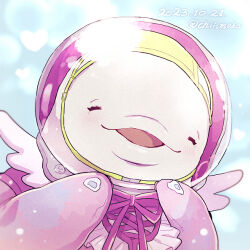 Rule 34 | 1girl, artist name, beluga whale, bodysuit, chiimako, closed eyes, gnosia, happy, helmet, long sleeves, looking at viewer, no humans, open mouth, otome (gnosia), pink bodysuit, sky, smile, solo, space helmet, upper body