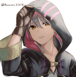 Rule 34 | 1boy, arm up, black robe, brown eyes, brown gloves, closed mouth, collarbone, commentary request, fire emblem, fire emblem awakening, gloves, gold trim, hair between eyes, haru (nakajou-28), hood, hood up, hooded robe, long sleeves, looking at viewer, male focus, nintendo, open clothes, robe, robin (fire emblem), robin (male) (fire emblem), shirt, short hair, simple background, smile, twitter username, upper body, white background, white hair, white shirt, wide sleeves