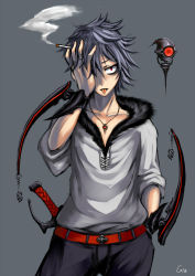 Rule 34 | 1boy, black hair, cigarette, gia, hand on own face, jewelry, male focus, red eyes, ring, smoking, solo, weapon