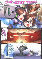 Rule 34 | 3girls, ;d, acronym, ahegao, animal print, armor, artist name, ass, beads, black-framed eyewear, blue gloves, blush, bodysuit, brand name imitation, breasts, brown eyes, brown hair, brown jacket, burnt, burnt clothes, camera phone, cellphone, character name, d.va (overwatch), dying message, ear piercing, english text, explosion, face, facebook address, facebook username, facepaint, facial mark, fiery hair, freckles, frozen, fur collar, fur trim, gameplay mechanics, glasses, gloves, goggles, hair bun, hair ornament, hair stick, hand up, headphones, heart, heart-shaped pupils, heart in mouth, high collar, highres, hm (hmongt), holding, holding phone, ice, jacket, lying, medium breasts, mei (overwatch), multiple girls, mushroom cloud, o3o, on ground, on stomach, one eye closed, open mouth, overwatch, overwatch 1, patreon username, pauldrons, phone, piercing, pilot suit, rabbit print, ribbed bodysuit, round teeth, samsung, selfie, short hair, shoulder armor, shoulder pads, sidelocks, single hair bun, sitting, smartphone, smile, smoke, spiked hair, standing, symbol-shaped pupils, teeth, tongue, tongue out, tracer (overwatch), turtleneck, v, watermark, web address, whisker markings, white gloves, writing