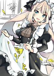Rule 34 | 1girl, :d, alternate costume, ameshizuku natsuki, apron, apron basket, apron hold, black dress, blush, dress, enmaided, fate/grand order, fate (series), frilled apron, frills, green eyes, heart, juliet sleeves, light brown hair, long hair, long sleeves, looking at viewer, maid, maid apron, maid headdress, marie antoinette (animejapan 2016) (fate), marie antoinette (fate), official alternate costume, open mouth, petals, puffy sleeves, sidelocks, smile, solo, twintails, very long hair, white apron