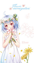 Rule 34 | 1girl, bad id, bad pixiv id, bare arms, bare shoulders, bili girl 33, bilibili, blue hair, blush, clouble, collarbone, covered mouth, dress, english text, flower, flower over mouth, flower wreath, hands up, head tilt, head wreath, highres, holding, holding flower, long hair, one side up, own hands together, petals, pink flower, red eyes, romaji text, sleeveless, sleeveless dress, solo, sundress, white dress, yellow flower