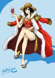 Rule 34 | 1girl, alcohol, black eyes, black hair, breasts, cup, drinking glass, female focus, hat, highres, jacket, large breasts, looking at viewer, monkey d. luffy, one piece, pirate, pirate costume, pirate hat, scar, short hair, shorts, smile, solo, wine, wine glass