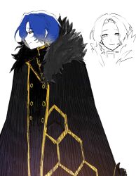 Rule 34 | 1boy, black cape, black coat, blue hair, cape, chesed (project moon), closed mouth, coat, commentary, cowboy shot, fur-trimmed cape, fur trim, highres, lobotomy corporation, looking at viewer, project moon, simple background, smile, solo, white background, yellow eyes, zygyzy 031