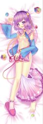 Rule 34 | 1girl, absurdres, bad id, bad pixiv id, bed, bed sheet, blush, breasts, clothes pull, dakimakura (medium), detached sleeves, eyeball, female focus, flower, full body, hairband, heart, highres, komeiji satori, long image, looking at viewer, lying, nipples, nude, on back, on bed, open mouth, petals, pink hair, purple eyes, short hair, single sock, skirt, skirt around one leg, skirt pull, slippers, small breasts, socks, solo, tall image, third eye, touhou, xiaoai