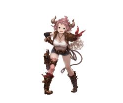 Rule 34 | 10s, 1girl, :d, black gloves, blue eyes, boots, brown footwear, draph, elbow gloves, frills, full body, gloves, granblue fantasy, horns, jewelry, karva (granblue fantasy), minaba hideo, necklace, official art, open mouth, pink hair, pink thighhighs, pointy ears, short hair, short shorts, shorts, single elbow glove, single thighhigh, smile, solo, thighhighs, transparent background