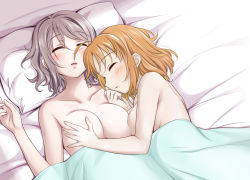 Rule 34 | 2girls, ahoge, asymmetrical docking, bad id, bad pixiv id, bed sheet, blanket, blush, grabbing another&#039;s breast, breast press, breasts, cleavage, closed eyes, collarbone, completely nude, from above, grabbing, love live!, love live! sunshine!!, lying, medium breasts, multiple girls, nude, on back, on bed, on side, orange hair, parted lips, pillow, short hair, silver hair, sleeping, suzume miku, swept bangs, takami chika, under covers, upper body, watanabe you, yuri