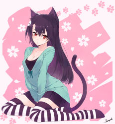 Rule 34 | 1girl, ako (nedm), animal ears, bad id, bad pixiv id, black hair, breasts, cat ears, cat tail, cleavage, full body, highres, long hair, looking at viewer, original, red eyes, sitting, skirt, slit pupils, solo, striped clothes, striped thighhighs, tail, thighhighs, yokozuwari
