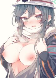 Rule 34 | 1girl, absurdres, armband, black hair, black jacket, blue archive, blush, breasts, breasts out, fur-trimmed jacket, fur trim, helmet, highres, jacket, large breasts, long hair, long sleeves, minori (blue archive), nipples, open clothes, open jacket, open mouth, sahara maddam, scarf, simple background, solo, upper body, white background, white helmet, white scarf