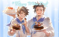 Rule 34 | 2boys, ascot, blue background, blueberry, brown eyes, brown hair, cake, chef, chocolate cake, facial hair, food, fruit, goatee, gran (granblue fantasy), granblue fantasy, grin, looking at viewer, male focus, minaba hideo, multiple boys, official art, open mouth, plate, rackam (granblue fantasy), simple background, smile, sparkle, strawberry, striped, striped background, upper body, vertical stripes, wafer, white day