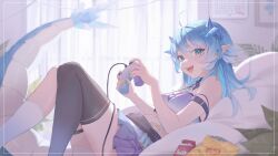 Rule 34 | 1girl, :d, absurdres, ahoge, aqua nails, arm strap, asymmetrical legwear, bed, black thighhighs, blue eyes, blue hair, blue skirt, blue tank top, brooch, calendar (object), controller, cropped legs, detached collar, fang, food, highres, holding, holding controller, horns, jewelry, lay&#039;s (potato chips), light blue hair, long hair, looking at viewer, lying, midori xu, navel, on back, open mouth, painting (object), paroniie (vtuber), pillow, plant, pocky, potion, potted plant, sidelocks, skirt, smile, socks, tail, tank top, tattoo, thigh strap, thighhighs, virtual youtuber, white socks, window