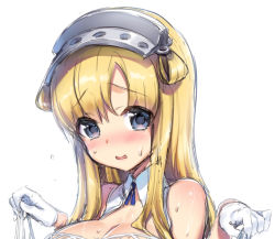 Rule 34 | 1girl, blonde hair, blue eyes, breasts, cargo net, commentary request, double bun, fletcher (kancolle), gloves, hairband, hisasi, kantai collection, large breasts, long hair, looking at viewer, net, open mouth, simple background, solo, upper body, white background, white gloves, unfinished
