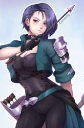 1girl absurdres arrow_(projectile) breasts cleavage evomanaphy fire_emblem fire_emblem:_three_houses gloves highres holding holding_arrow jacket large_breasts nintendo purple_eyes purple_hair shamir_nevrand