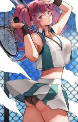 Rule 34 | 1girl, absurdres, ass, azur lane, bare shoulders, black panties, blue sky, breasts, bremerton (azur lane), bremerton (scorching-hot training) (azur lane), chain-link fence, cleavage, clothes lift, crop top, crop top overhang, day, fence, green hair, hair ornament, hairclip, heart, heart necklace, highres, holding, holding racket, large breasts, lips, long hair, looking at viewer, miniskirt, mole, mole under eye, multicolored hair, necklace, panties, pantyshot, pink eyes, pink hair, pink lips, pleated skirt, racket, shirt, skirt, skirt lift, sky, sleeveless, sleeveless shirt, solo, sportswear, standing, streaked hair, tennis racket, tennis uniform, twintails, two-tone skirt, underwear, white skirt, wind, wind lift, yoshio (55level)