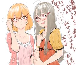 Rule 34 | 2girls, adjusting eyewear, blush, breasts, cleavage, closed mouth, commentary request, dress, flying sweatdrops, glasses, glasses day, grey hair, hair between eyes, hair ornament, hairclip, hand on eyewear, heart, heart-shaped pupils, long hair, medium breasts, multiple girls, open mouth, orange hair, original, pink dress, red-framed eyewear, red dress, saliva, short hair, simple background, sweat, symbol-shaped pupils, tomamatto, translation request, upper body, white background, yuri
