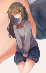Rule 34 | 1girl, absurdres, between legs, black sweater, blue panties, blue skirt, blush, bow, bowtie, braid, bright pupils, brown hair, close-up, closed mouth, collared shirt, cowboy shot, embarrassed, female focus, flat chest, grey background, hair between eyes, half-closed eye, hand between legs, highres, legs together, long hair, long sleeves, miniskirt, multiple views, nose blush, one eye closed, original, own hands together, panties, pee, peeing, peeing self, pleated skirt, red bow, red bowtie, red eyes, school uniform, shirt, sidelocks, simple background, skirt, standing, sweat, sweater, tears, underwear, v arms, watakarashi, wavy mouth, wet, wet clothes, wet panties, white pupils, white shirt, wince