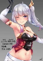 Rule 34 | 1girl, ahoge, arm up, armpits, bare shoulders, black gloves, breasts, cleavage, closed mouth, cropped, english text, gloves, gradient background, gradient clothes, grey background, grey hair, highres, kurofude anna, multicolored hair, navel, one eye closed, original, ponytail, purple eyes, purple hair, side ponytail, signature, skindentation, smile, solo