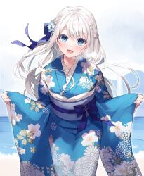 Rule 34 | 1girl, amamine, arms at sides, blue eyes, blush, breasts, commentary request, flower, grey hair, hair flower, hair ornament, hairclip, heavy breathing, highres, indie virtual youtuber, japanese clothes, kimono, long hair, looking at viewer, nagino mashiro, ribbon, simple background, small breasts, solo, virtual youtuber, white background