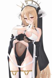 Rule 34 | 1girl, absurdres, azur lane, bare shoulders, black gloves, blonde hair, breasts, cleavage, closed mouth, covered navel, cowboy shot, detached sleeves, gloves, groin, highres, horns, implacable (azur lane), large breasts, long hair, long sleeves, looking at viewer, own hands clasped, own hands together, red eyes, revealing clothes, simple background, smile, solo, thighhighs, veil, very long hair, white background, white thighhighs, wide sleeves, zerotwenty (020)