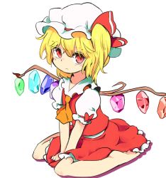 Rule 34 | 1girl, ascot, bad id, bad twitter id, barefoot, blonde hair, crystal, flandre scarlet, full body, hat, hat ribbon, looking at viewer, md5 mismatch, mob cap, moyazou (kitaguni moyashi seizoujo), puffy sleeves, red eyes, resized, ribbon, shirt, short hair, short sleeves, side ponytail, simple background, sitting, skirt, skirt set, slit pupils, solo, touhou, vest, white background, wings