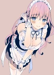 Rule 34 | 1girl, absurdres, apron, blue eyes, blush, breasts, cleavage, highres, large breasts, long hair, looking at viewer, maid, maid apron, maid headdress, original, pink background, pink hair, simple background, smile, solo, thighhighs, white thighhighs, yu yu