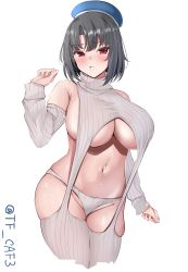 Rule 34 | 1girl, absurdres, bare shoulders, beret, black hair, blue hat, blush, breasts, cleavage, commentary request, cowboy shot, curvy, detached sleeves, grey sweater, hat, highres, kantai collection, large breasts, long sleeves, looking at viewer, meme attire, navel, panties, parted lips, red eyes, short hair, sideboob, simple background, solo, sweater, takao (kancolle), tf cafe, thick thighs, thighs, twitter username, underboob, underwear, virgin destroyer sweater, white background