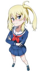Rule 34 | 1girl, alternate costume, blonde hair, blue eyes, blue footwear, blue shirt, blue skirt, closed mouth, commentary, commentary request, crossed arms, foreshortening, frown, full body, girls und panzer, hair up, head tilt, highres, kayabakoro, long sleeves, looking at viewer, medium hair, messy hair, miniskirt, neckerchief, oshida (girls und panzer), pleated skirt, red neckerchief, sailor collar, school uniform, serafuku, shirt, shoes, side ponytail, simple background, skirt, socks, solo, standing, white background, white sailor collar, white socks